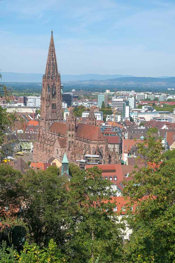 sandstone exterior of freiburg cathedral with tall bell tower