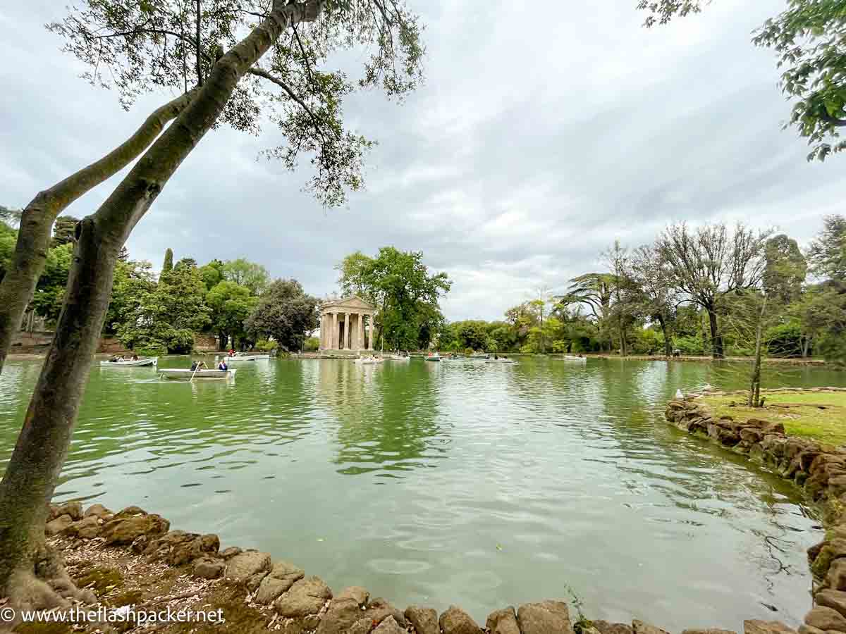 small boating lake with a small temple on an island
