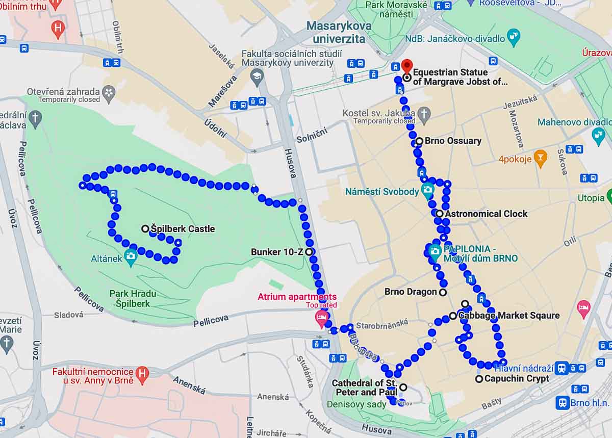 a map of a brno walking tour showing the best places to see in one day in brno 