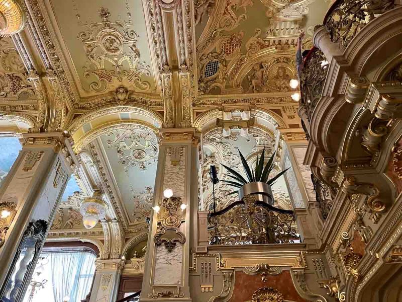gilded ceiling and pillars of budapest new york cafe