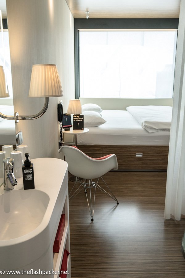 citizenm-hotel-rotterdam-room with sink and bed