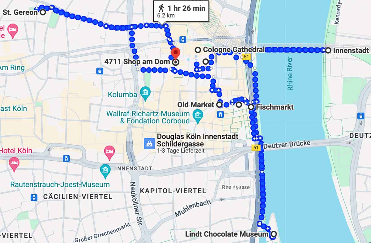 map of the best things to see in cologne old town in one day