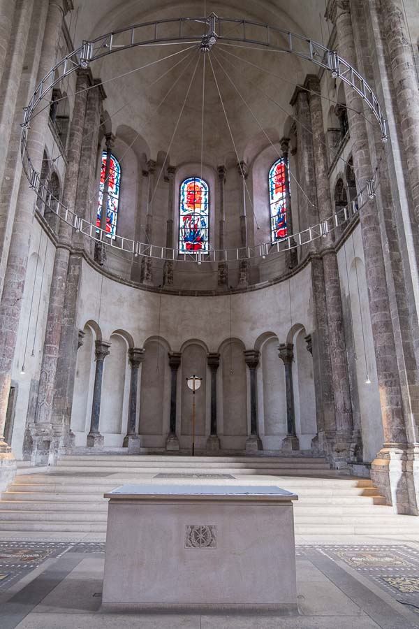 simple marble altar and apse of church of great st martin in cologne