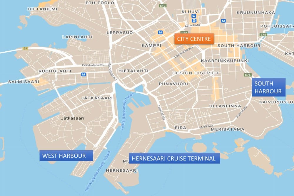 map showing the location of helsinki cruise terminals
