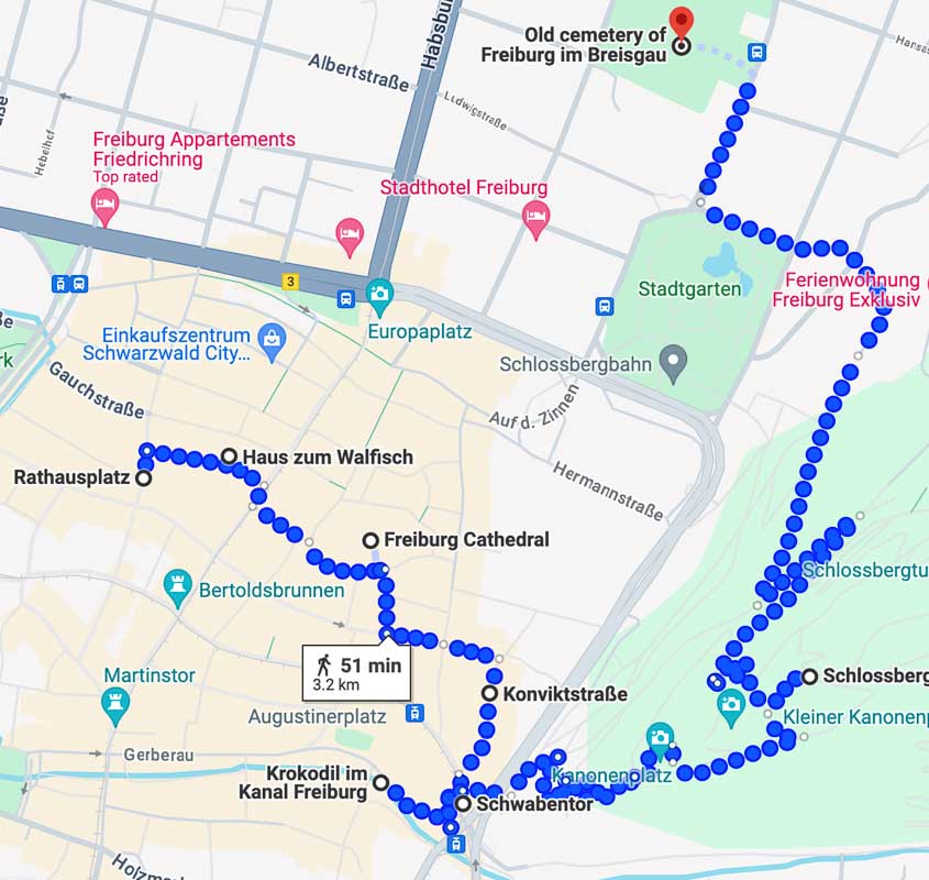 map indicating the best places to see in freiburg germany