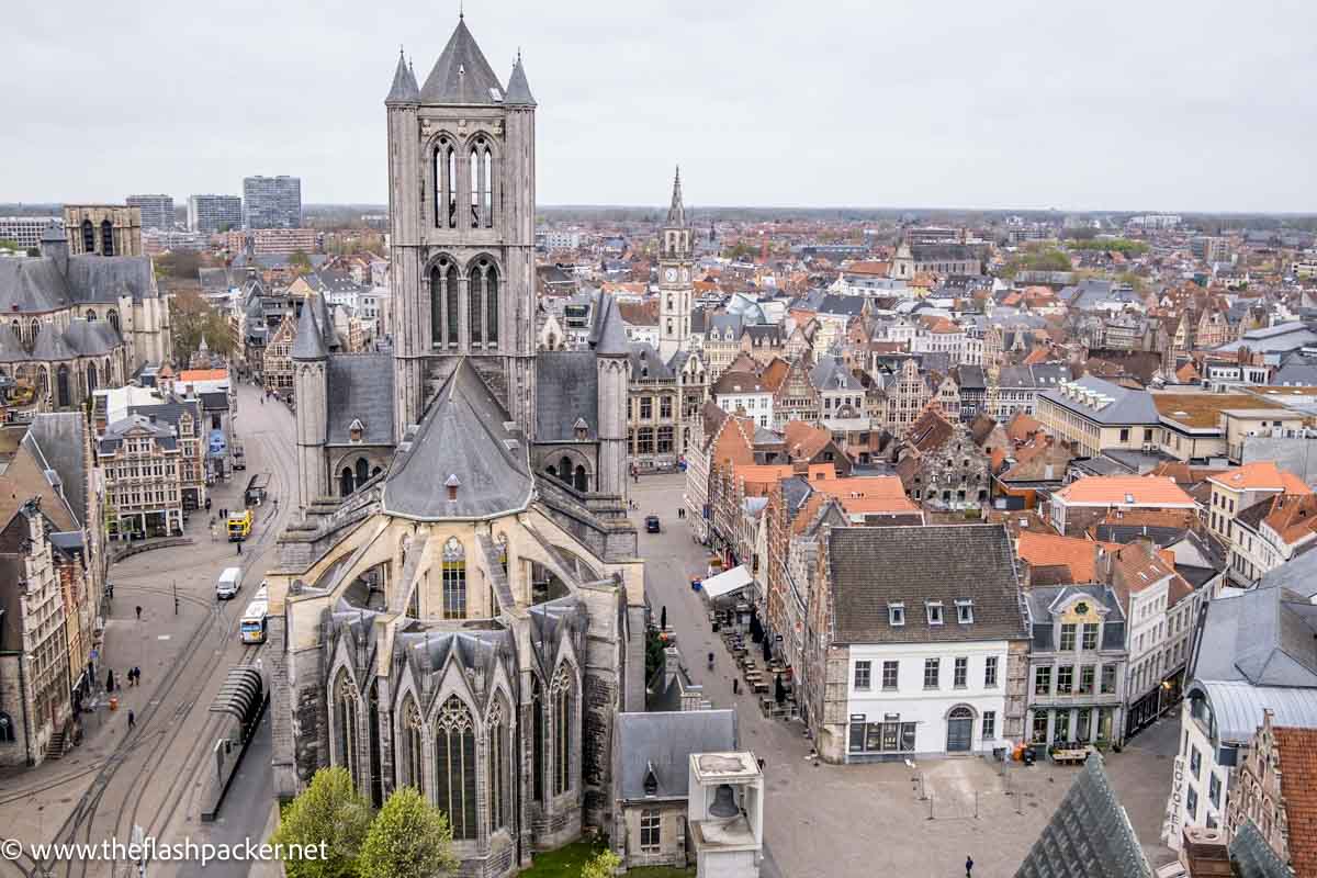 view over historic area of city with prominent church in foreground which is where to stay in ghent belgium