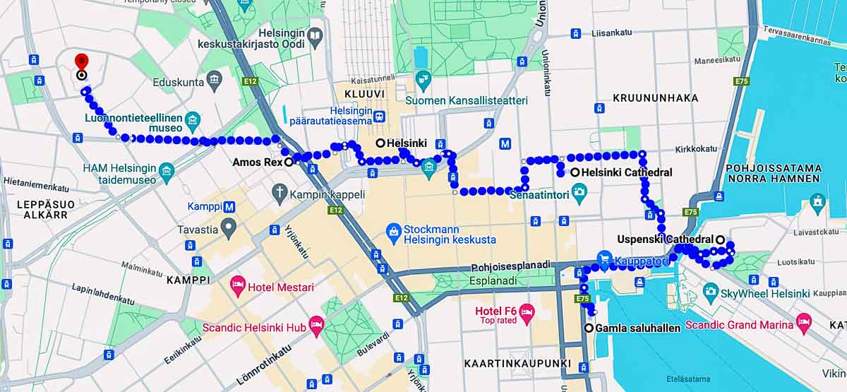 HELSINKI Walking TOUR MAP SHOWING THE BEST THINGS TO SEE IN HELSINKI IN ONE DAY from a cruise