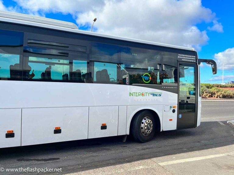 large white bus in lanzarote spain
