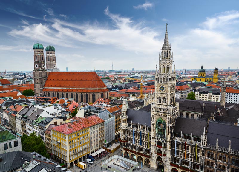 aerial view of medieval buildings and church in munich germany