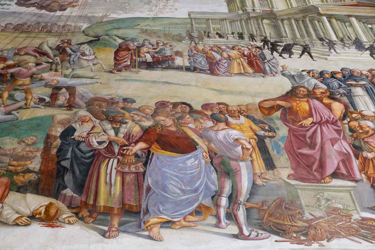 fresco scene showing fake jesus preaching as the devil whispers in his ear