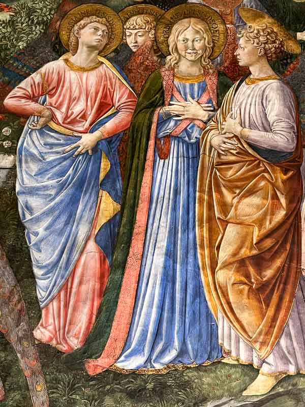 vivid painting of group of 4 saints talking