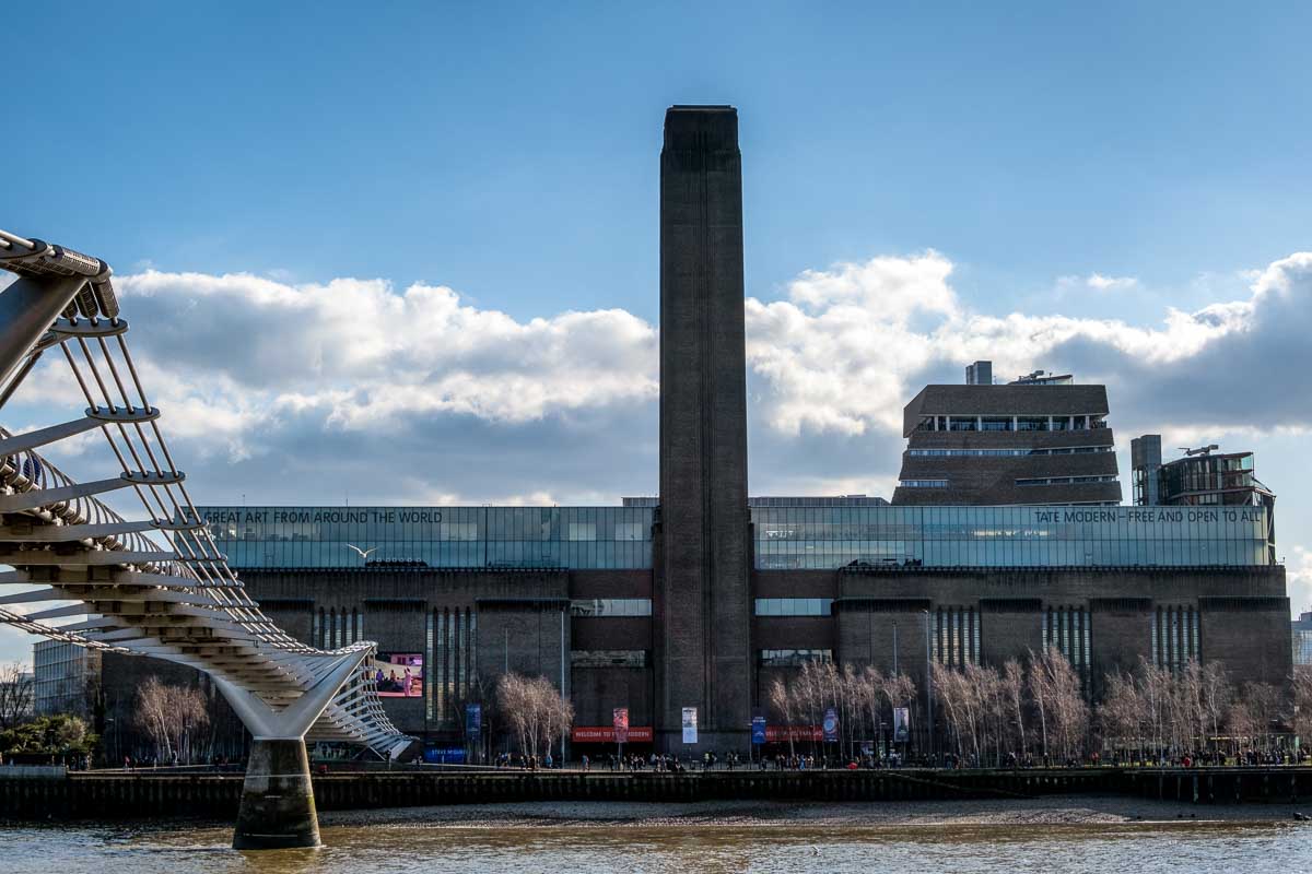 industrial exterior of tate modern london with a tall chimney
